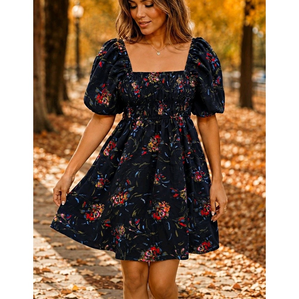 NWT Free Assembly Floral Mini Dress L 12-14 Cotton Smocked Puff Sleeve Romantic